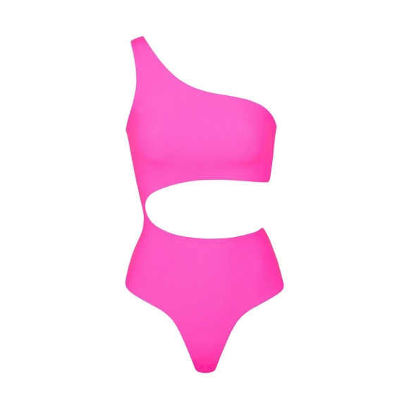 NWT SKIMS FITS EVERYBODY ONE SHOULDER CUT OUT BODYSUIT IN NEON PINK - Picture 1 of 6